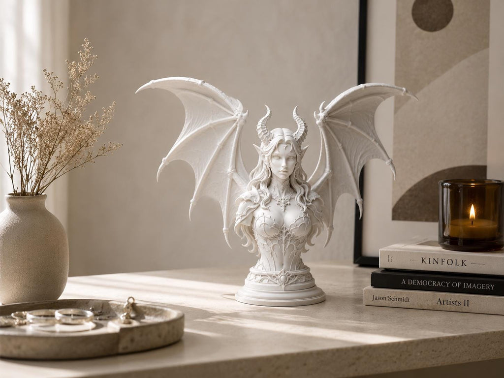 Demon Queen Bust, Gothic Fantasy Sculpture, Dragon Wing Statue, Dark Home Decor — photo 3