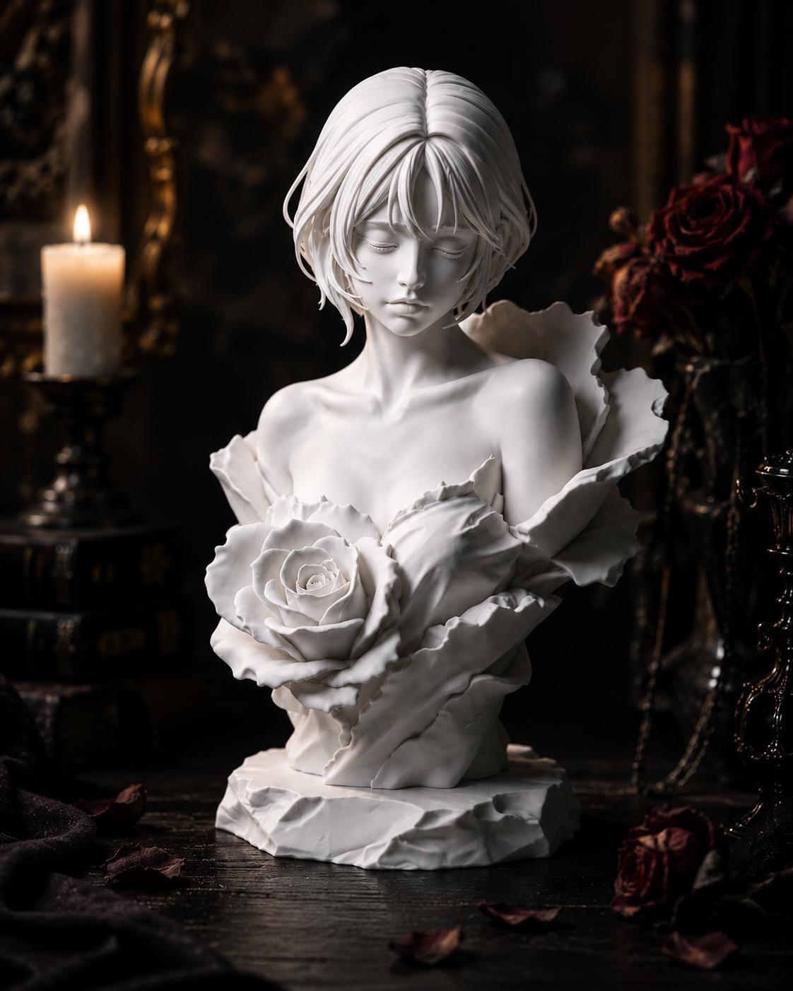 Anime Girl Rose Bust Sculpture, Gothic Dark Academia Shelf Decor