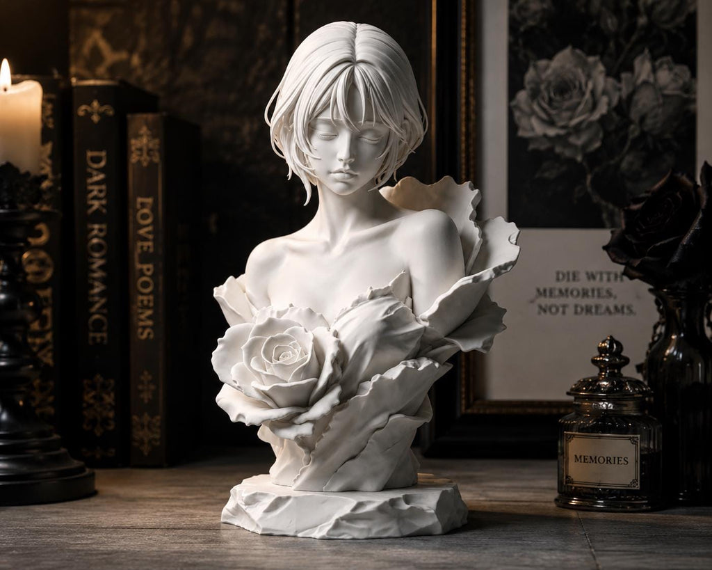 Anime Girl Rose Bust Sculpture, Gothic Dark Academia Shelf Decor — photo 2
