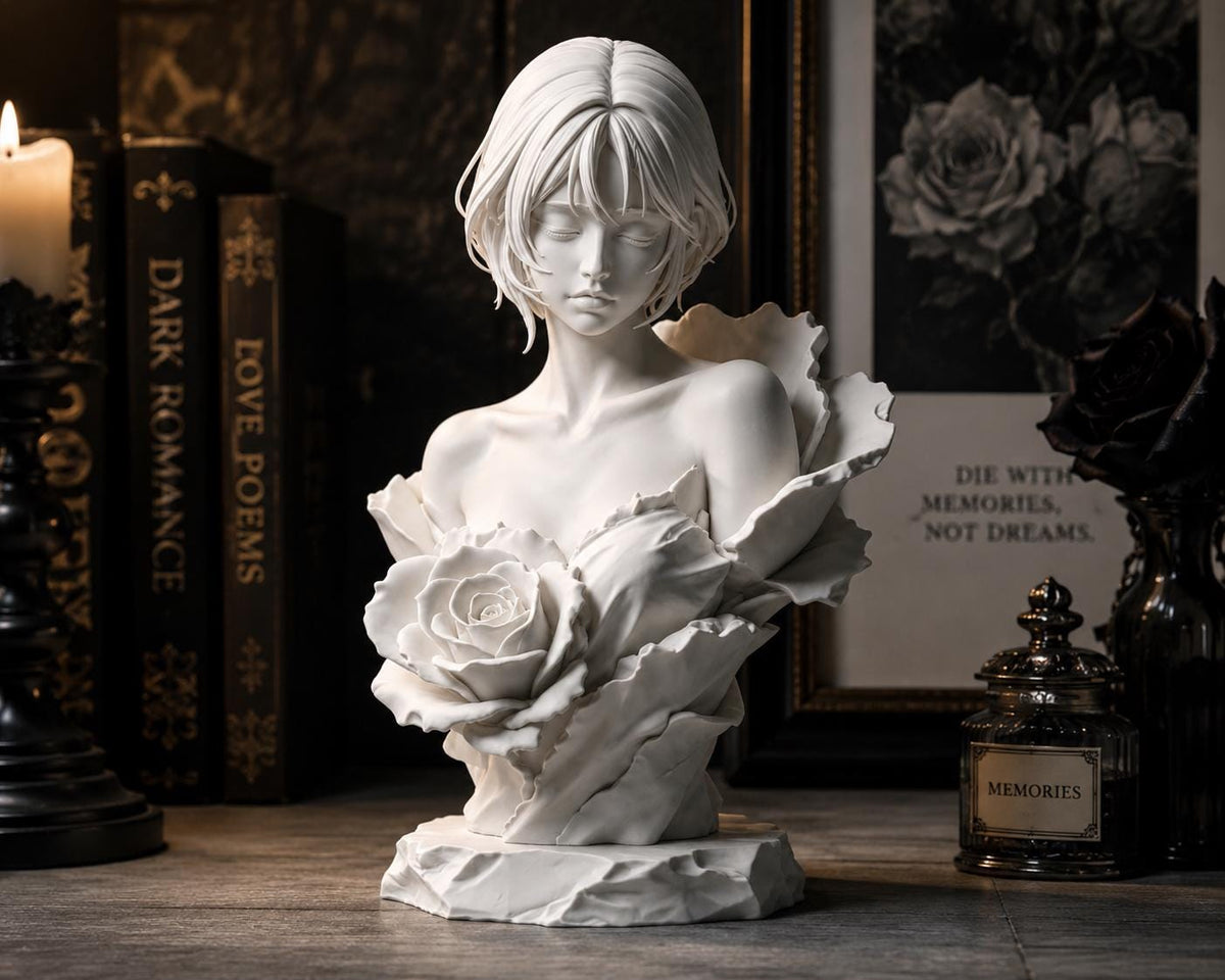 Anime Girl Rose Bust Sculpture, Gothic Dark Academia Shelf Decor — photo 2