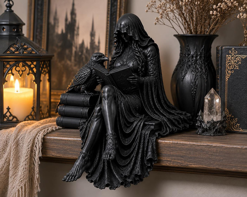 Gothic Reaper Shelf Sitter, Dark Academia Reader Figurine, Witchy Book Lover Decor — photo 2