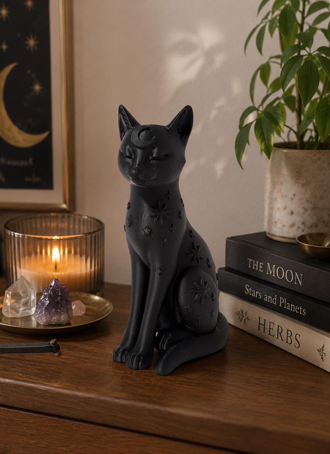 Celestial Black Cat Statue, Moon Star Figurine, Witchy Shelf Decor — photo 2