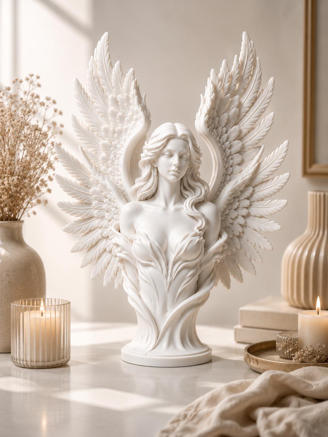 White Angel Bust Statue, Winged Sculpture, Elegant Shelf Decor, Celestial Home Accent — photo 2