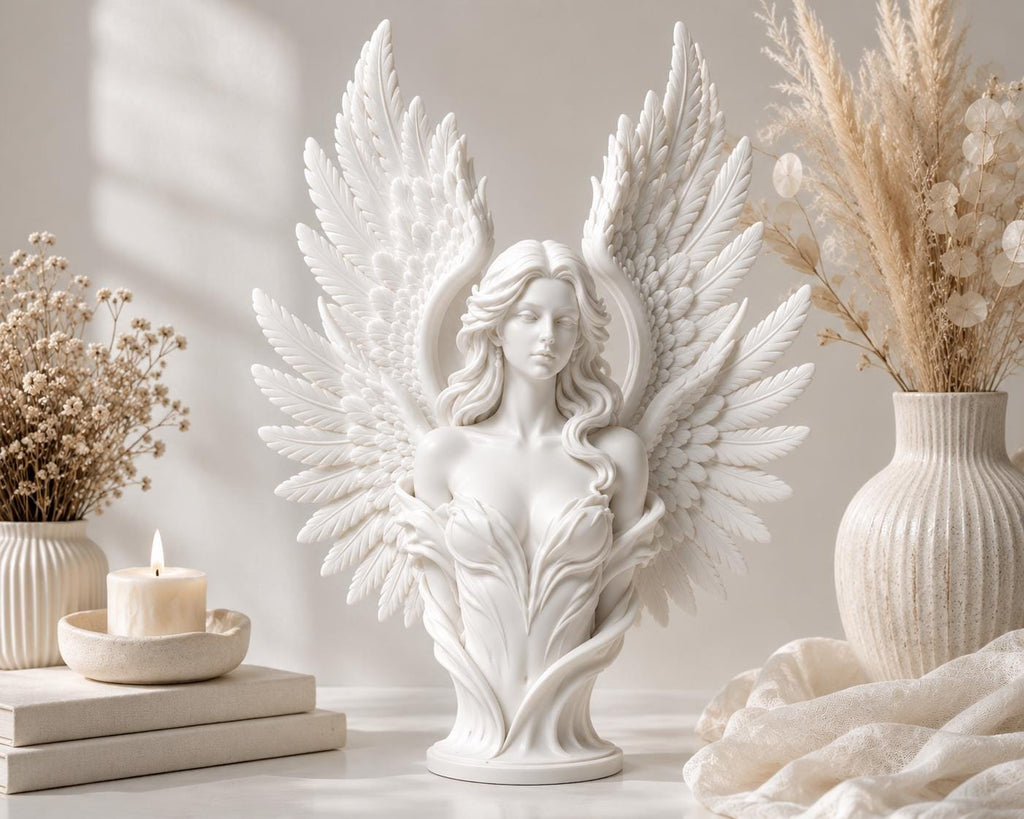 White Angel Bust Statue, Winged Sculpture, Elegant Shelf Decor, Celestial Home Accent