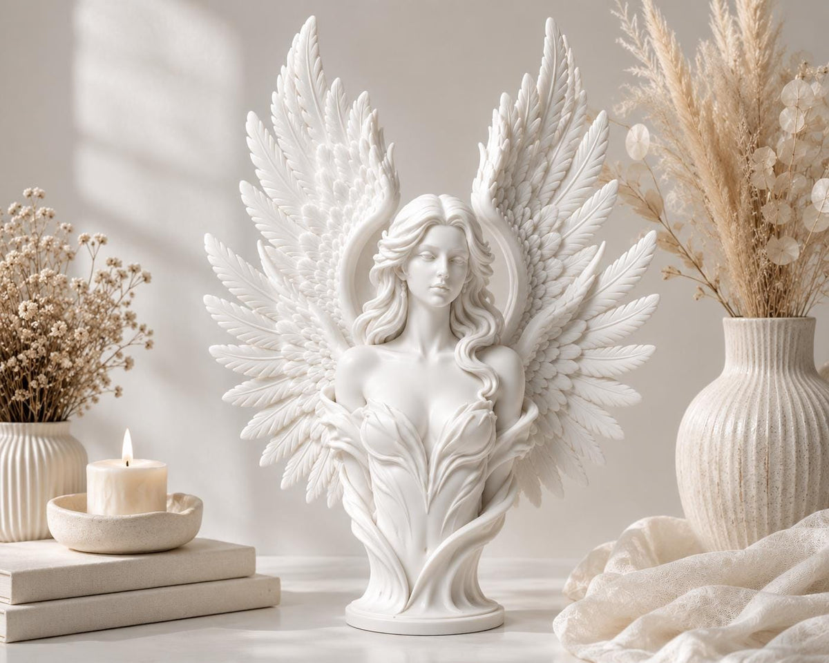 White Angel Bust Statue, Winged Sculpture, Elegant Shelf Decor, Celestial Home Accent