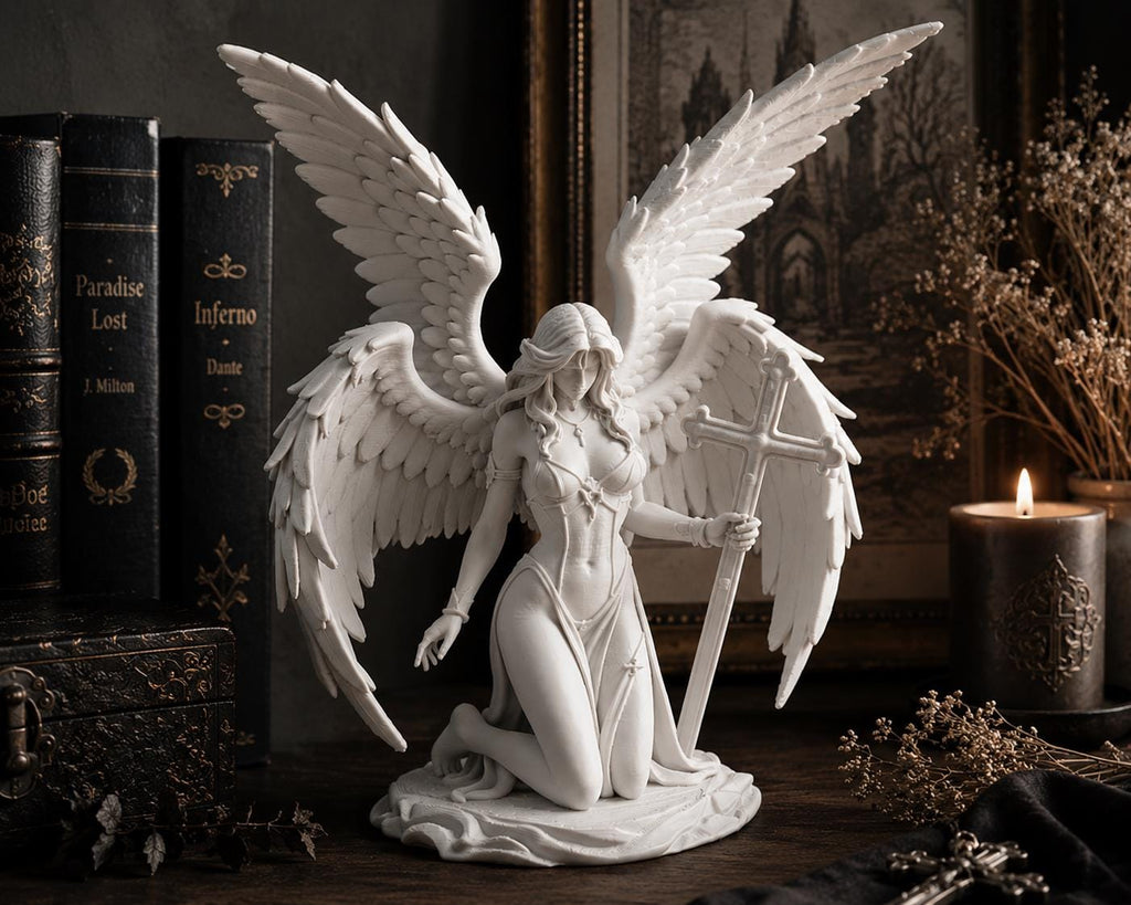 Kneeling Angel Statue with Cross, Gothic Christian Decor, Memorial Sculpture — photo 2