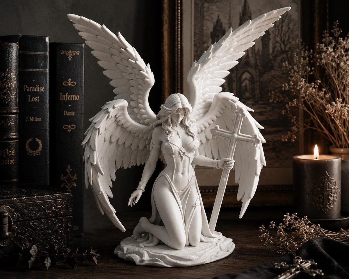 Kneeling Angel Statue with Cross, Gothic Christian Decor, Memorial Sculpture — photo 2