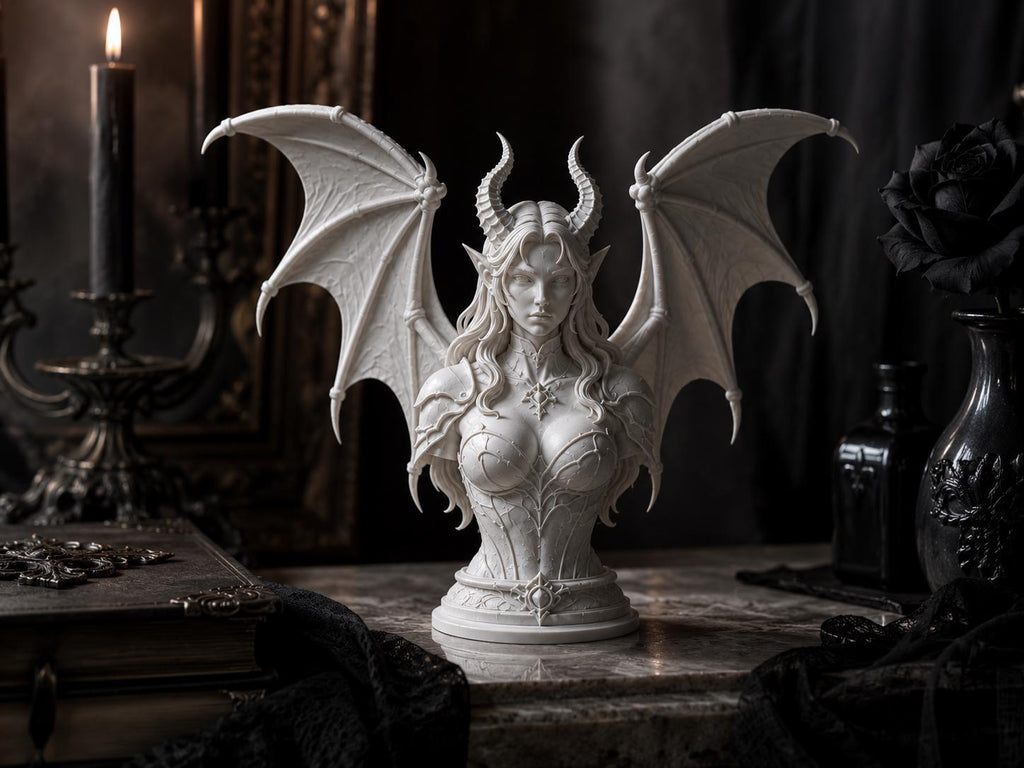 Demon Queen Bust, Gothic Fantasy Sculpture, Dragon Wing Statue, Dark Home Decor