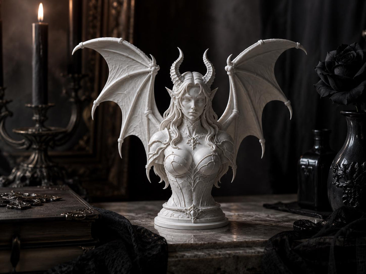 Demon Queen Bust, Gothic Fantasy Sculpture, Dragon Wing Statue, Dark Home Decor