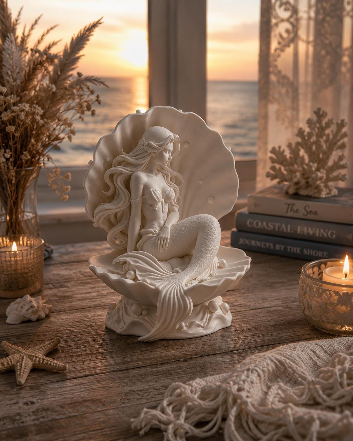 Mermaid Seashell Statue, Coastal Beach House Decor, Ocean Goddess Sculpture
