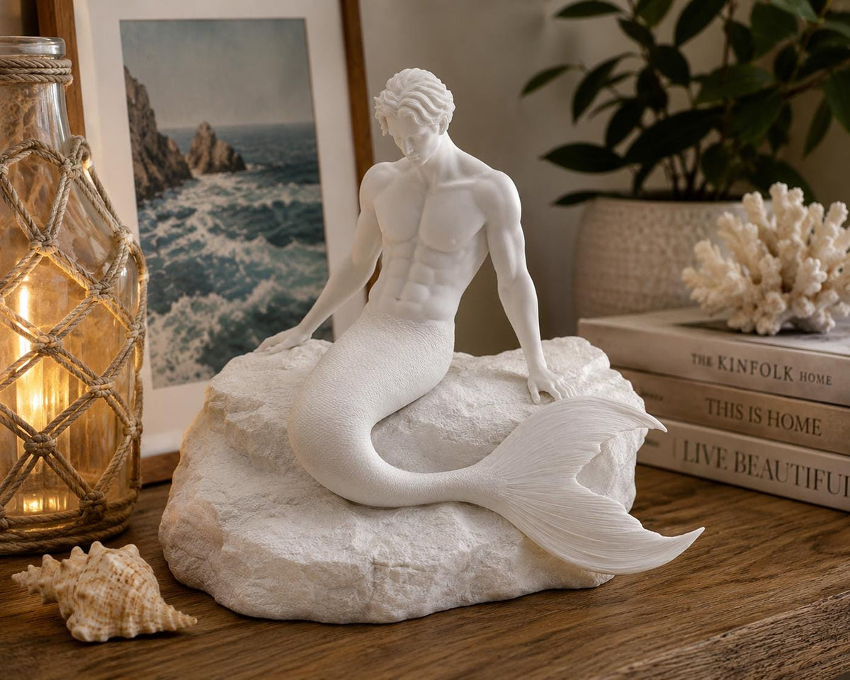 White Merman Sculpture, Mythical Ocean Sea King Figurine, Fantasy Decor — photo 3