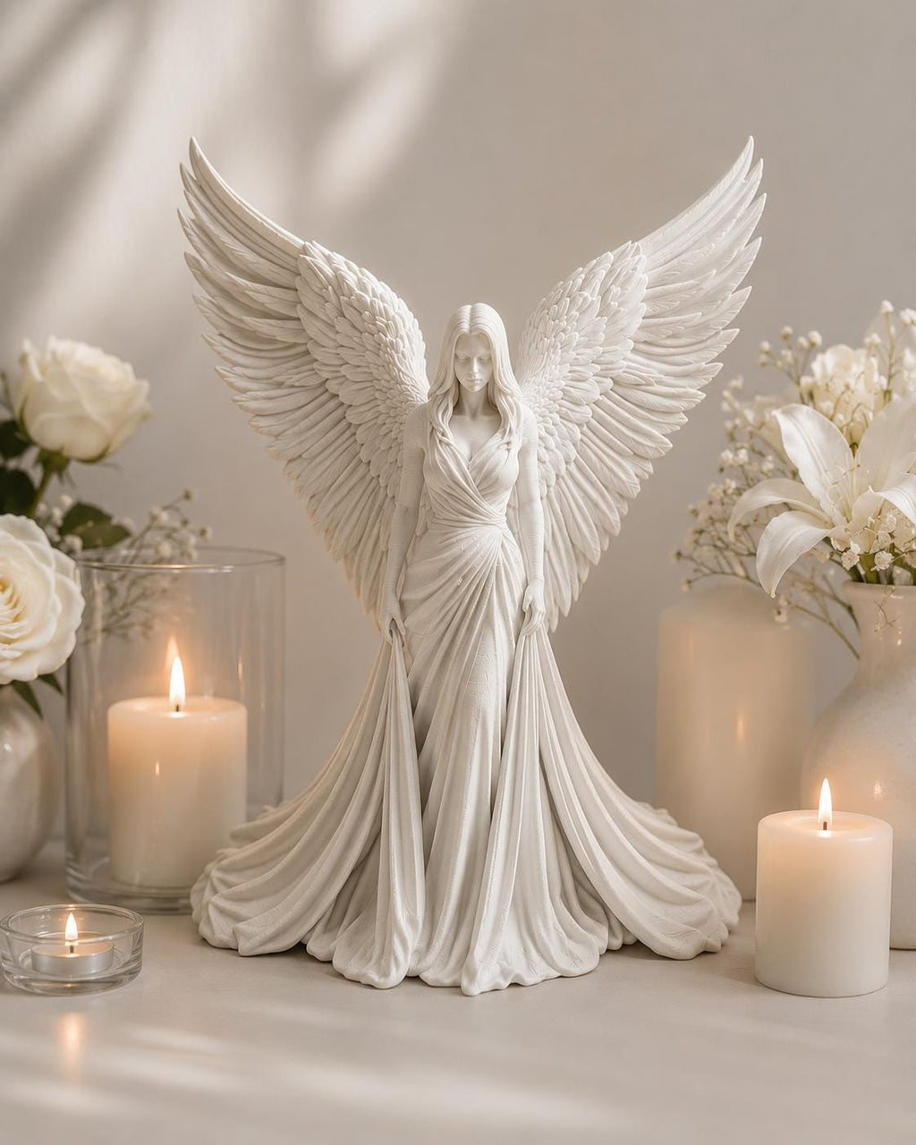 White Guardian Angel Statue, Winged Figurine, Memorial and Spiritual Shelf Decor, 5–10 Inch