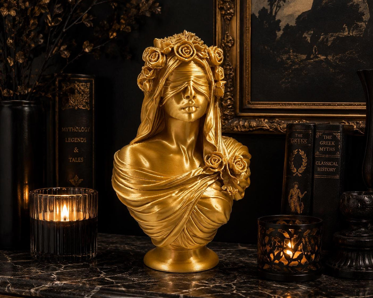 Silk Gold Blindfolded Goddess Bust, Floral Lady Statue, Greek Mythology Decor — photo 2
