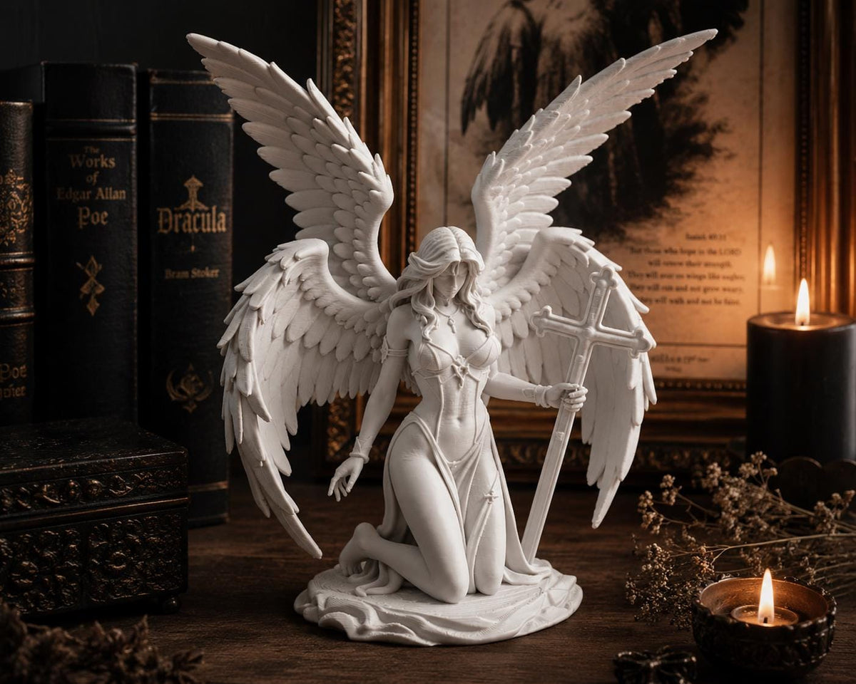 Kneeling Angel Statue with Cross, Gothic Christian Decor, Memorial Sculpture