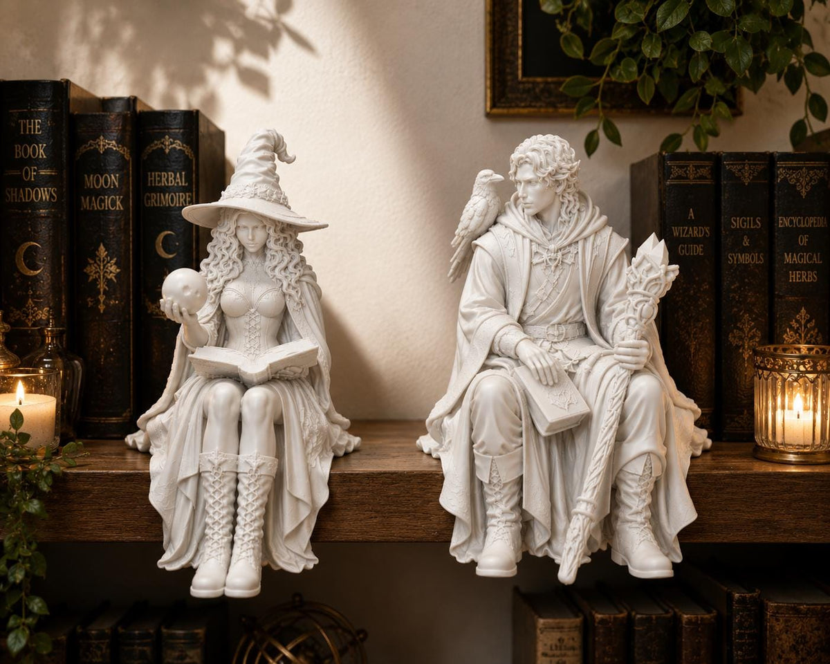 Wizard Couple Shelf Sitter, Fantasy Witch Wizard Figurine, Magic Library Decor
