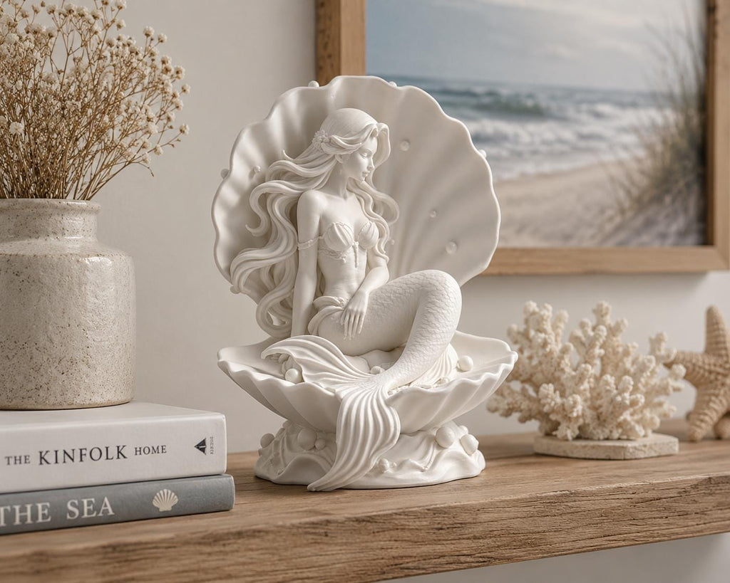 Mermaid Seashell Statue, Coastal Beach House Decor, Ocean Goddess Sculpture — photo 3