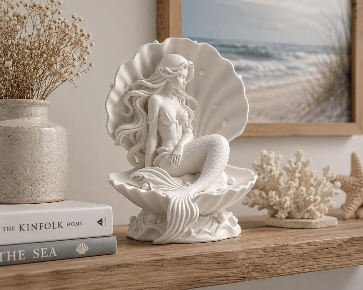 Mermaid Seashell Statue, Coastal Beach House Decor, Ocean Goddess Sculpture — photo 3