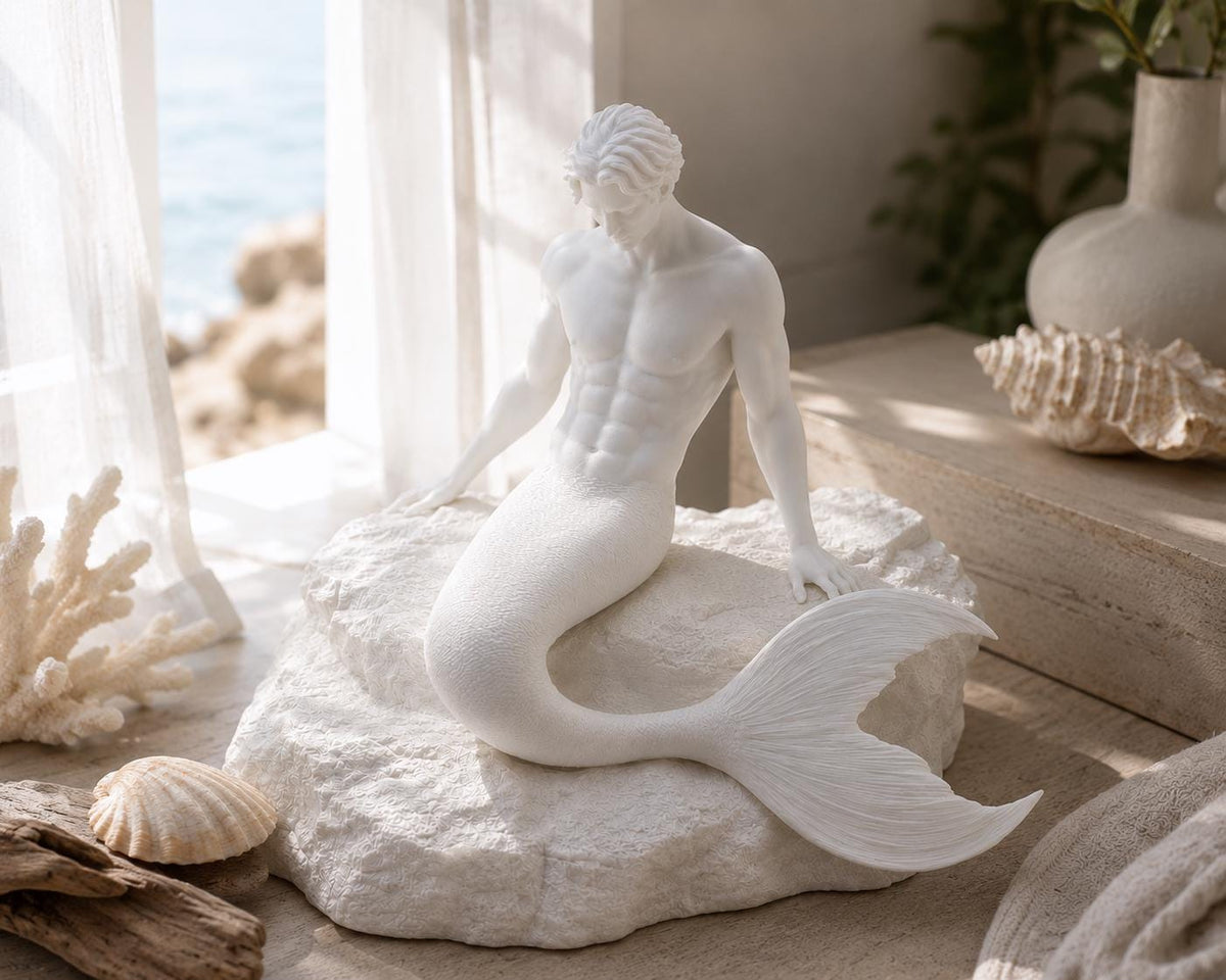 White Merman Sculpture, Mythical Ocean Sea King Figurine, Fantasy Decor