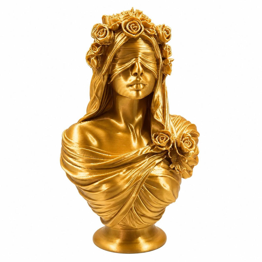 Silk Gold Blindfolded Goddess Bust, Floral Lady Statue, Greek Mythology Decor — photo 3