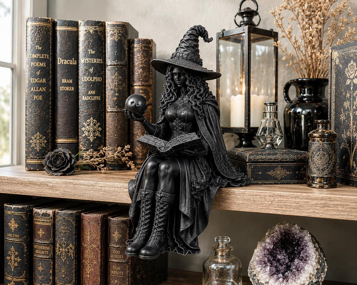 Witch Shelf Sitter, Gothic Bookshelf Decor, Dark Academia Figurine, Fantasy Reading Nook Statue