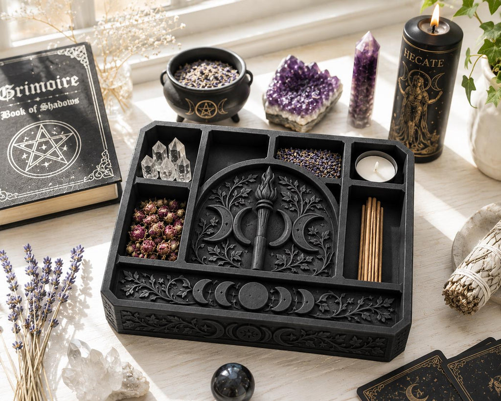 Gothic Triple Moon Altar Tray, Hecate Ritual Crystal Tarot Storage