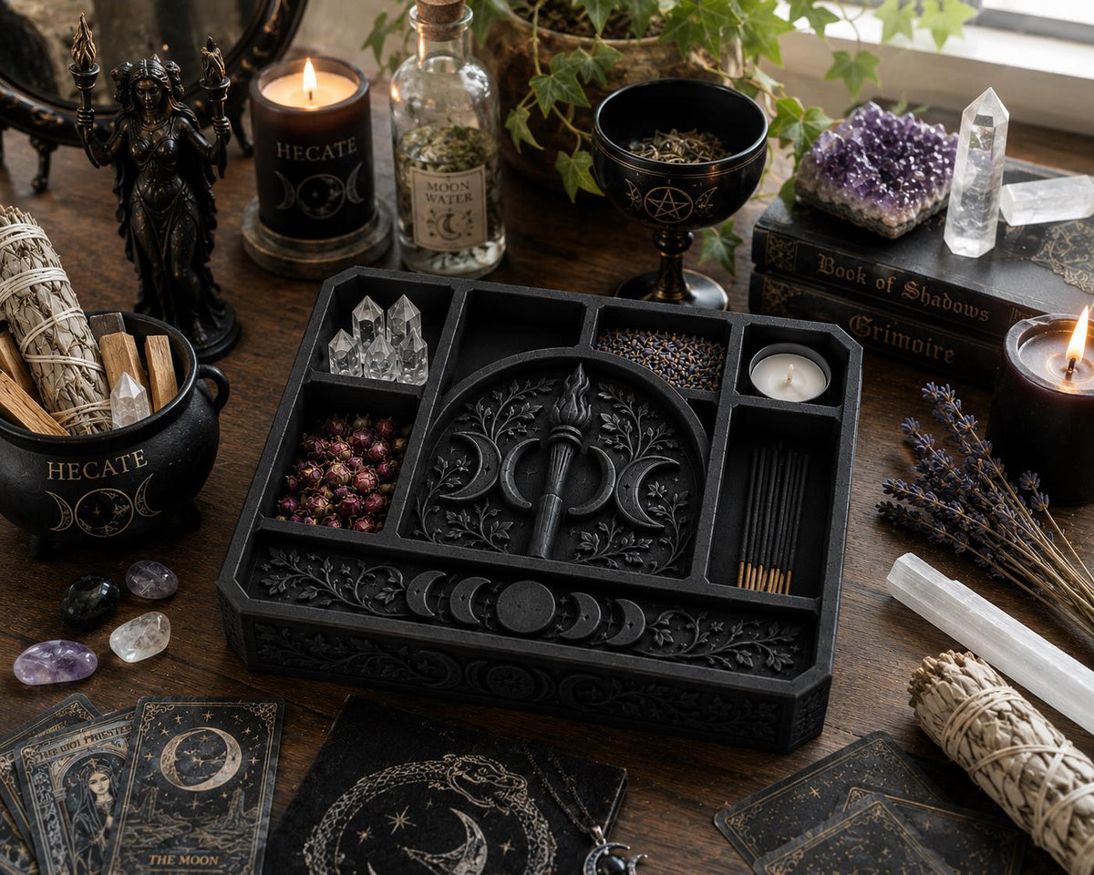 Gothic Triple Moon Altar Tray, Hecate Ritual Crystal Tarot Storage — photo 3