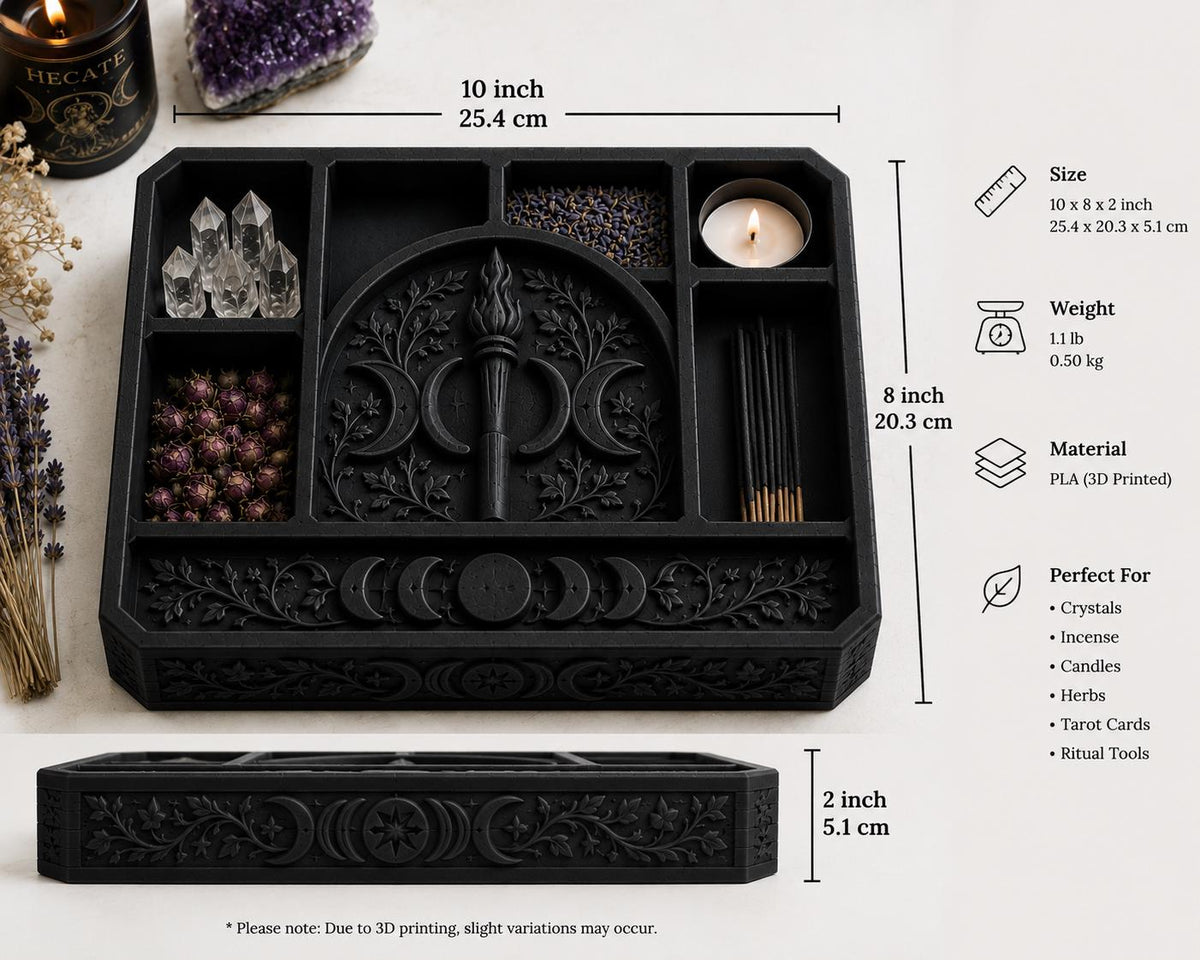 Gothic Triple Moon Altar Tray, Hecate Ritual Crystal Tarot Storage — photo 2