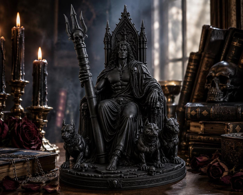 Hades Throne Statue, Greek God Underworld, Gothic Cerberus Sculpture, Dark Fantasy Decor