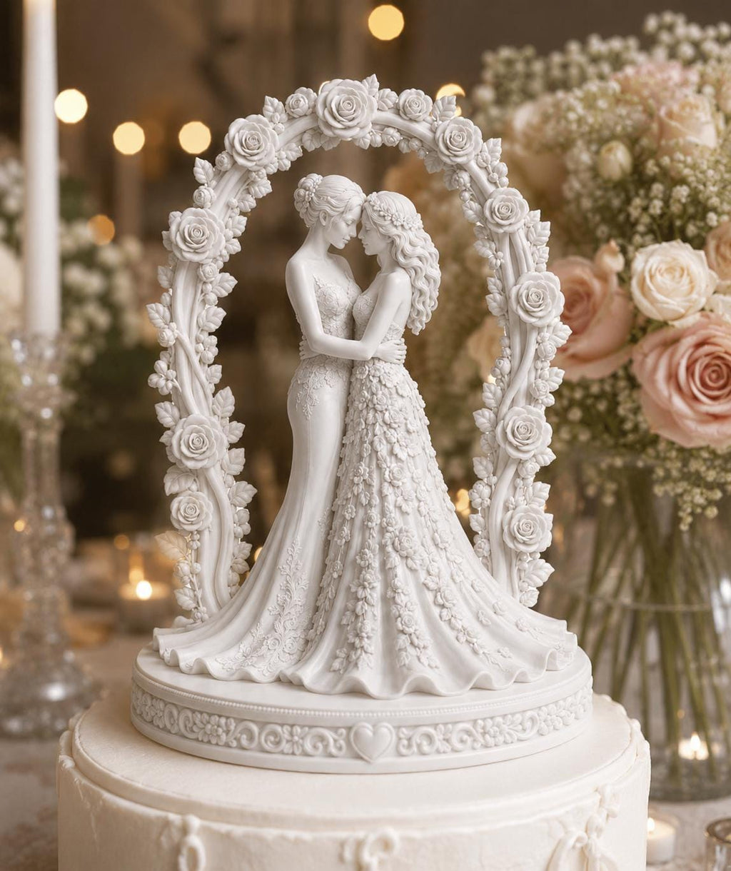 Bride & Bride Wedding Cake Topper, Floral Rose Arch, Romantic Embrace — photo 2
