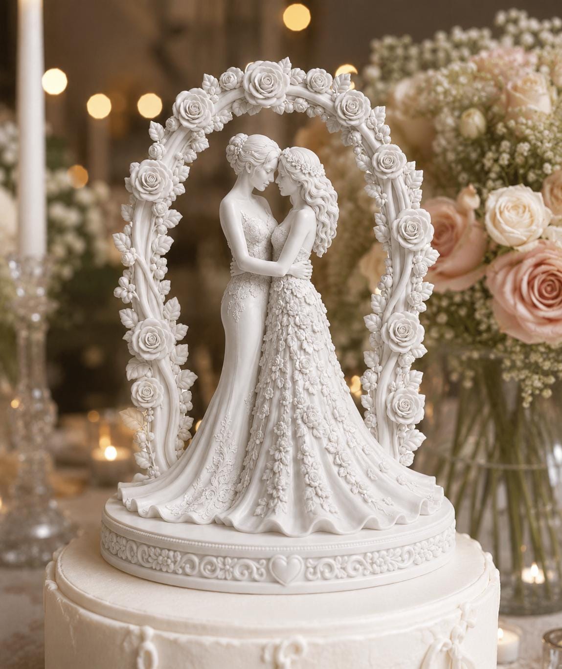 Bride & Bride Wedding Cake Topper, Floral Rose Arch, Romantic Embrace — photo 2