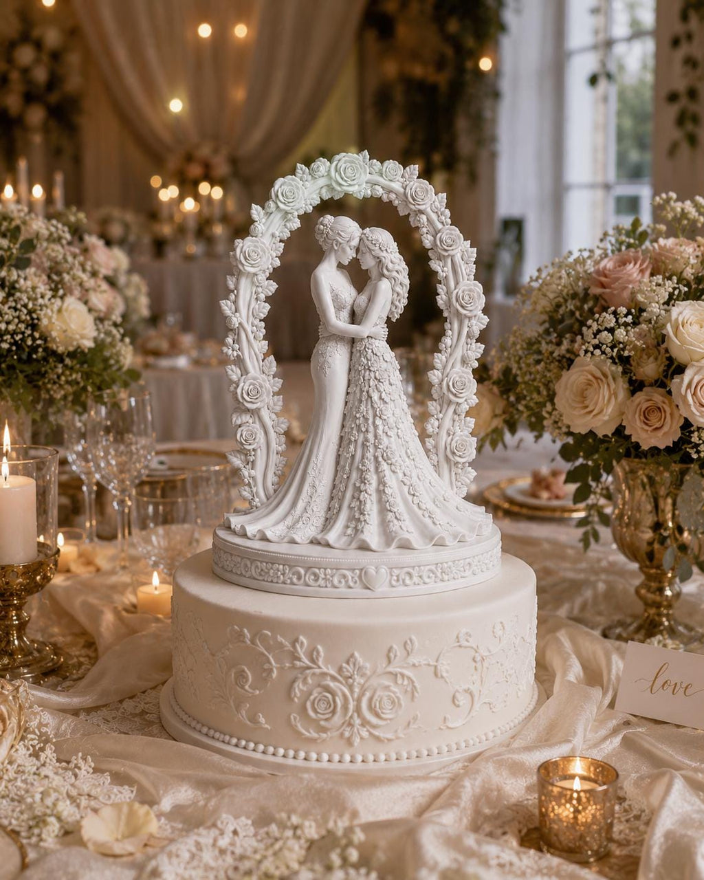 Bride & Bride Wedding Cake Topper, Floral Rose Arch, Romantic Embrace