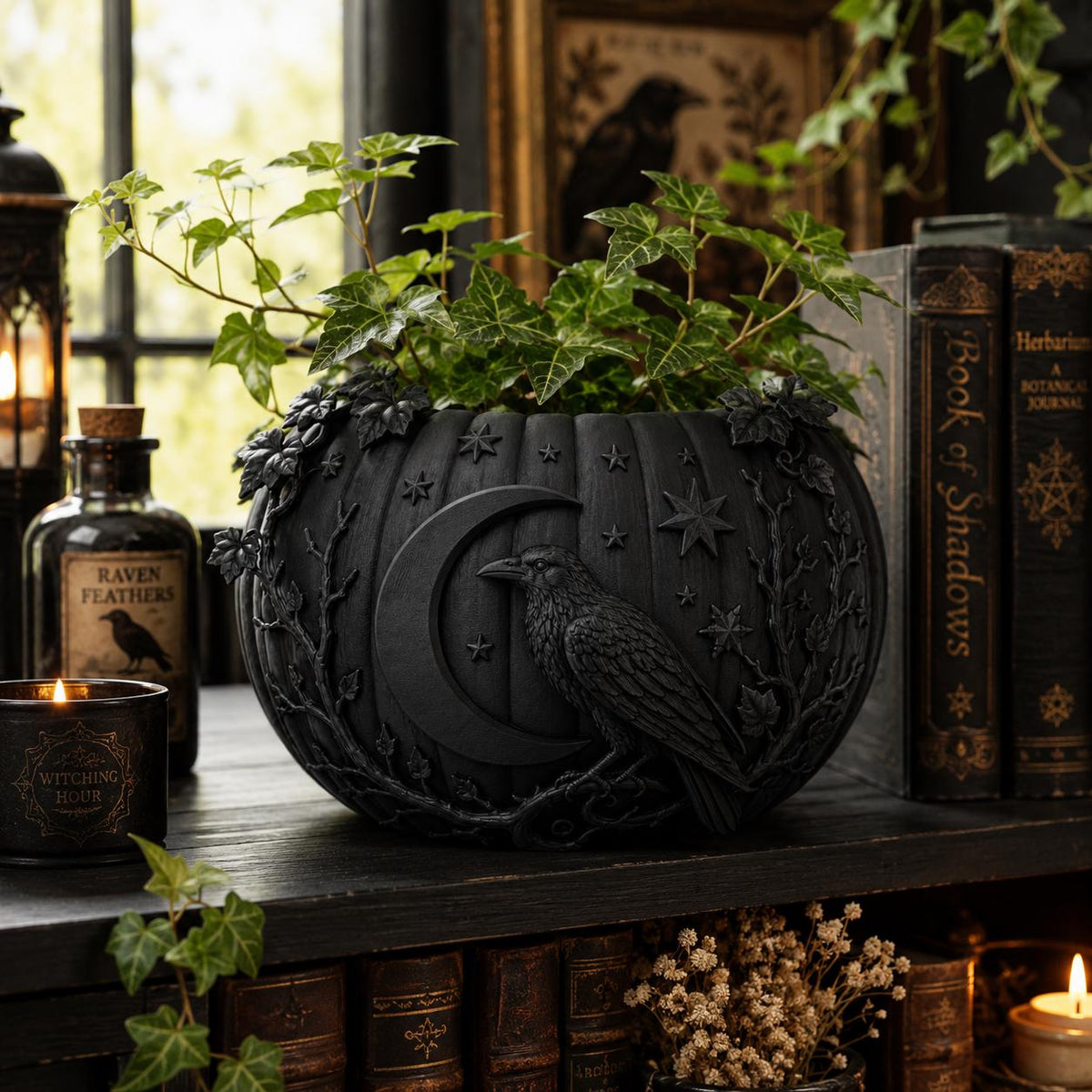 Raven Moon Pumpkin Planter, Gothic Celestial Plant Pot, Witchy Halloween Decor — photo 2