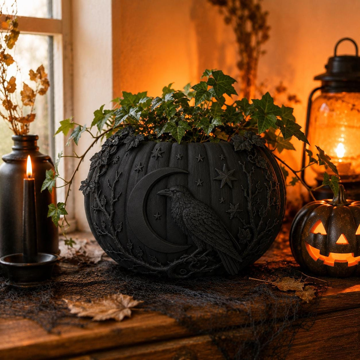 Raven Moon Pumpkin Planter, Gothic Celestial Plant Pot, Witchy Halloween Decor