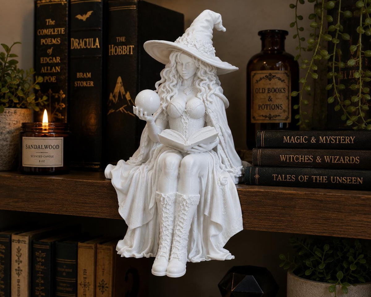 Witch Shelf Sitter, Gothic Bookshelf Decor, Dark Academia Figurine, Fantasy Reading Nook Statue — photo 2
