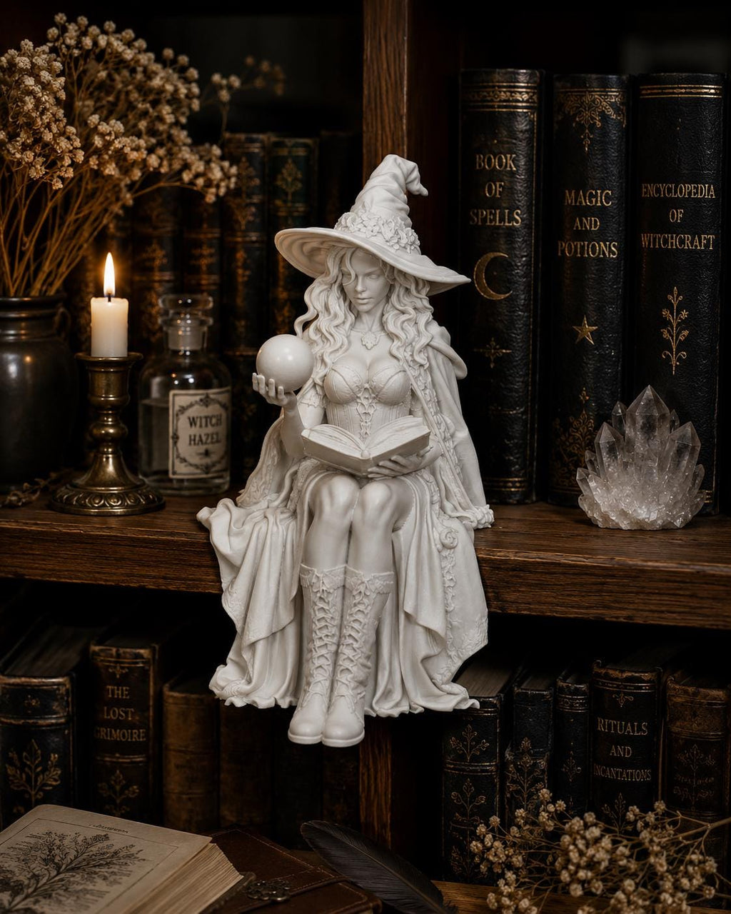 Witch Shelf Sitter, Gothic Bookshelf Decor, Dark Academia Figurine, Fantasy Reading Nook Statue — photo 3