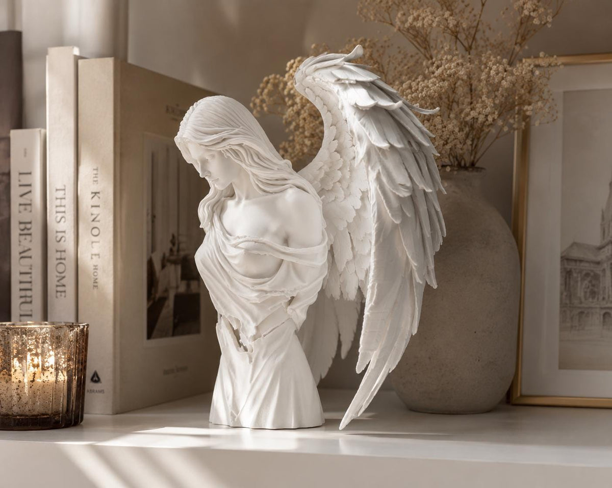 White Angel Bust Statue, Winged Sculpture, Gothic Ethereal Shelf Decor — photo 2