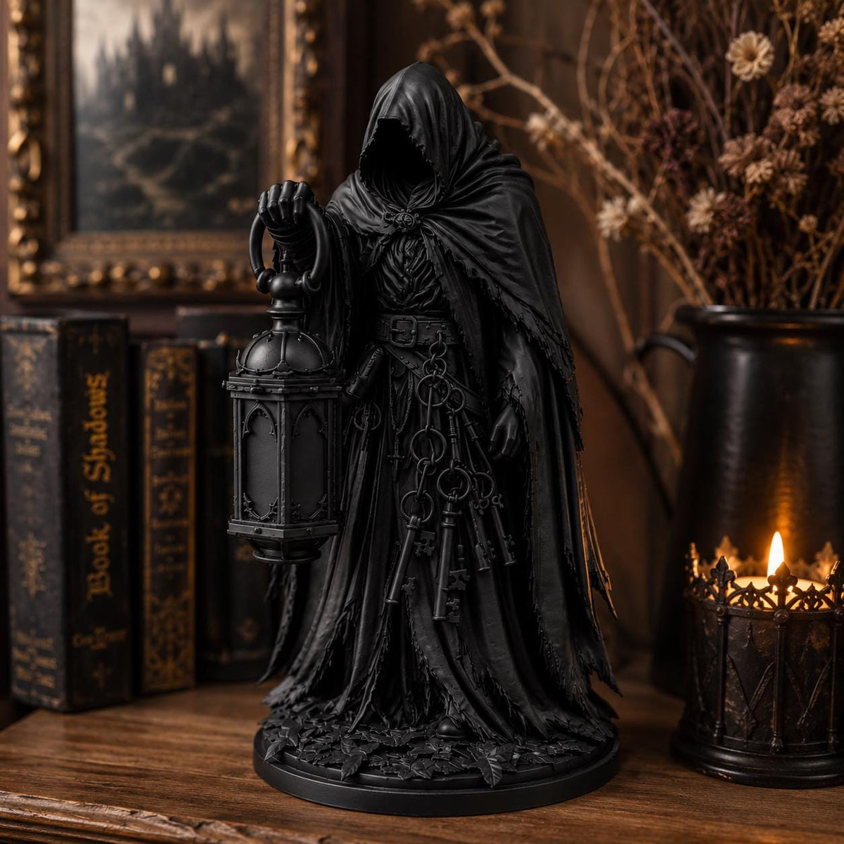 Graveyard Keeper Statue, Gothic Hooded Lantern Guardian, Halloween Decor — photo 3