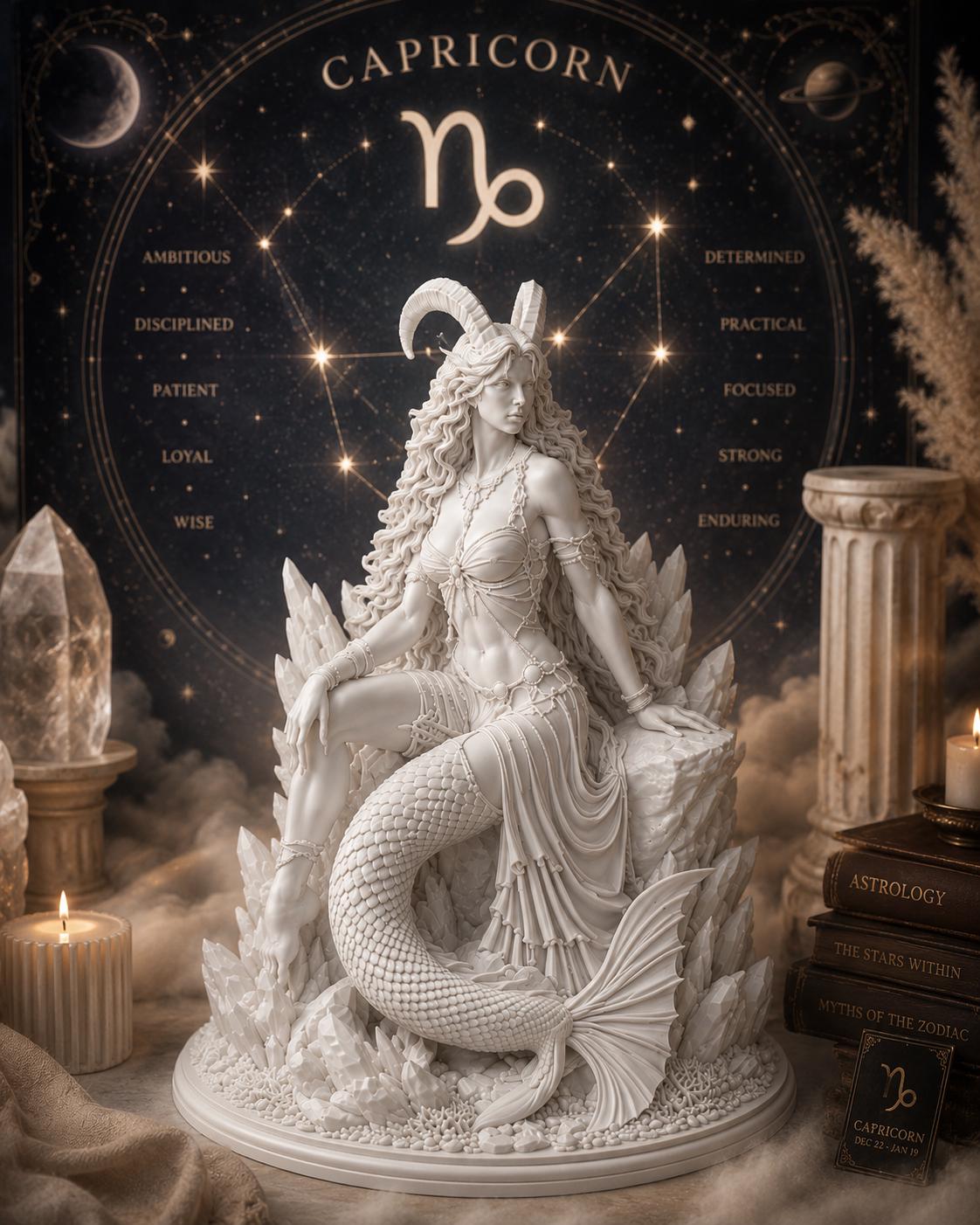 Capricorn Goddess Statue, Zodiac Mermaid Decor, Mythical Sea Goat Sculpture, Astrology Gift