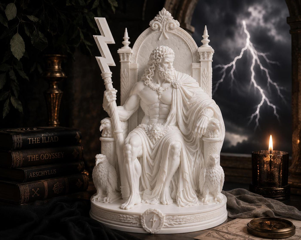 Zeus Statue: Greek God Sculpture with Lightning Bolt, Mythology Decor