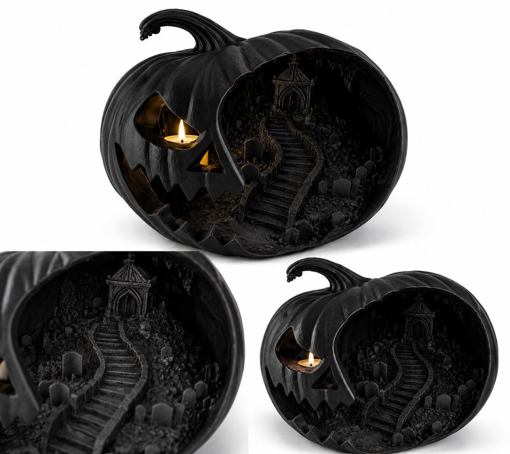 Haunted Pumpkin Lantern, Gothic Cemetery Scene, Spooky Halloween Decor (8 Inch) — photo 4