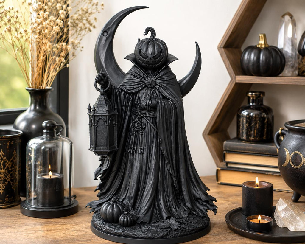 Gothic Pumpkin Reaper Statue, Crescent Moon Lantern, Halloween Altar Decor — photo 2