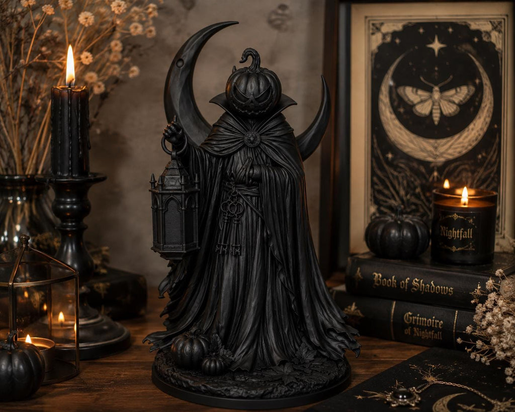 Gothic Pumpkin Reaper Statue, Crescent Moon Lantern, Halloween Altar Decor — photo 3