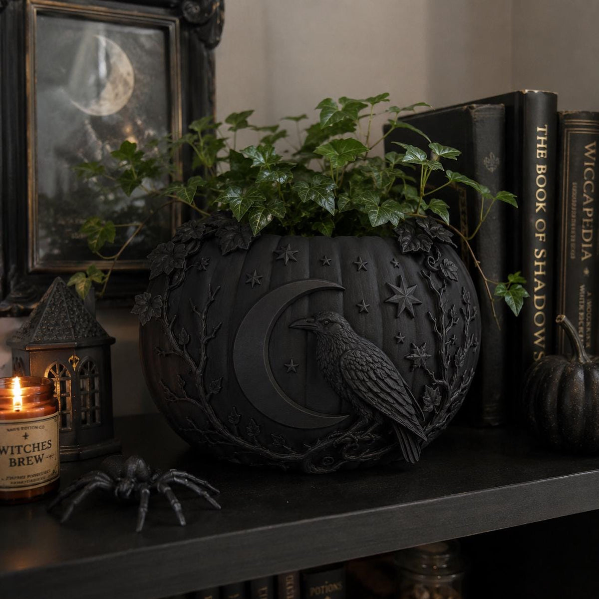 Raven Moon Pumpkin Planter, Gothic Celestial Plant Pot, Witchy Halloween Decor — photo 3