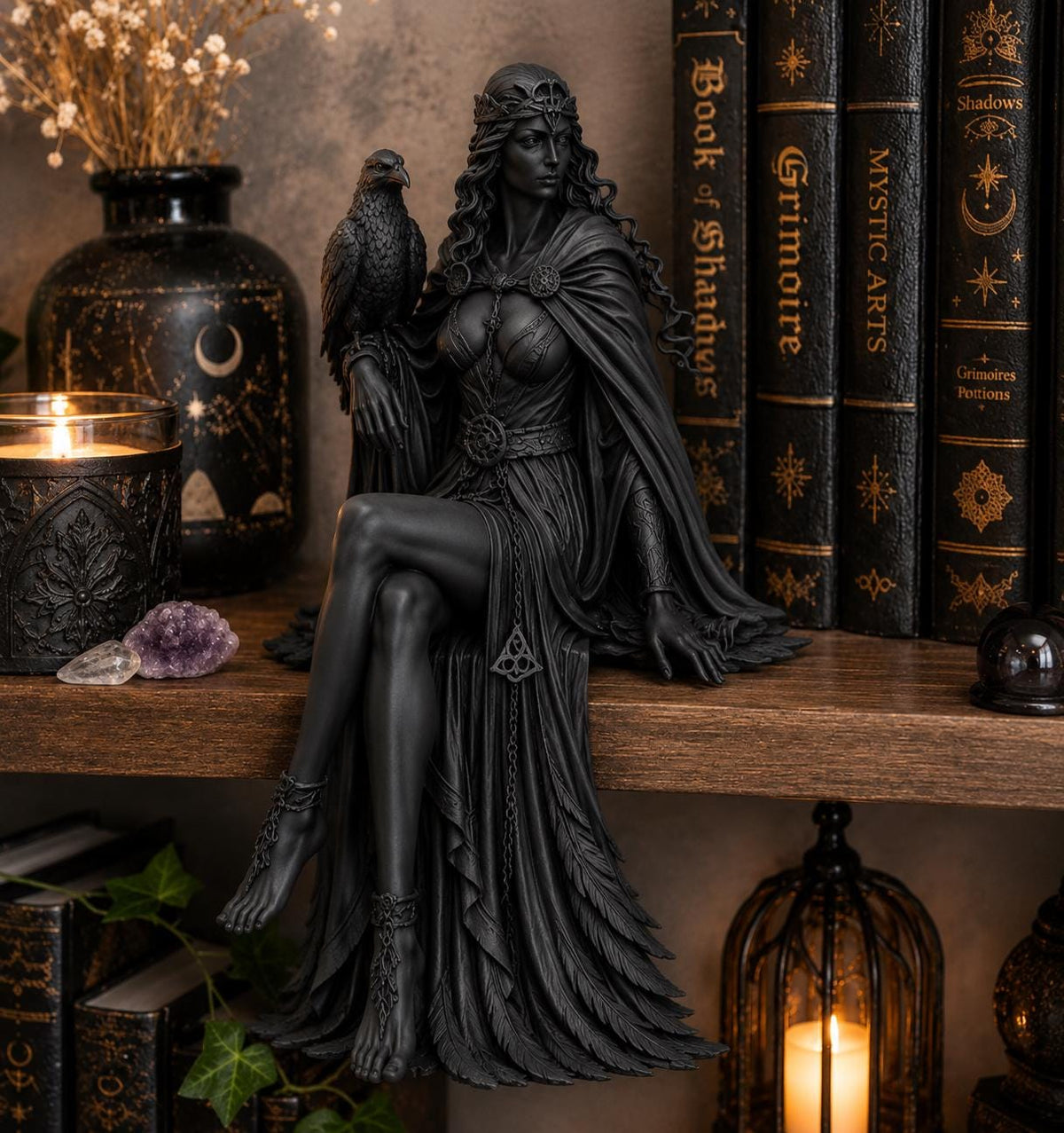 Morrigan Shelf Sitter Statue, Celtic Raven Goddess, Gothic Bookshelf Figurine, Witchy Book Nook Decor