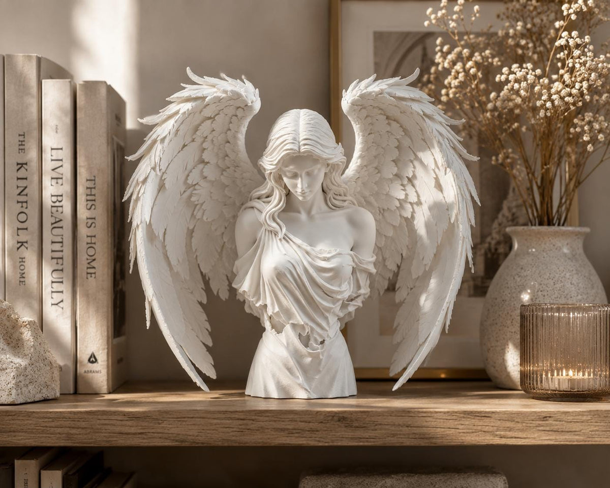 White Angel Bust Statue, Winged Sculpture, Gothic Ethereal Shelf Decor — photo 3