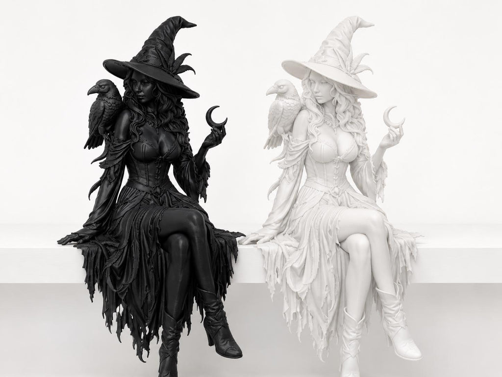 Witch Shelf Sitter Statue with Raven, Crescent Moon Gothic Decor — photo 3