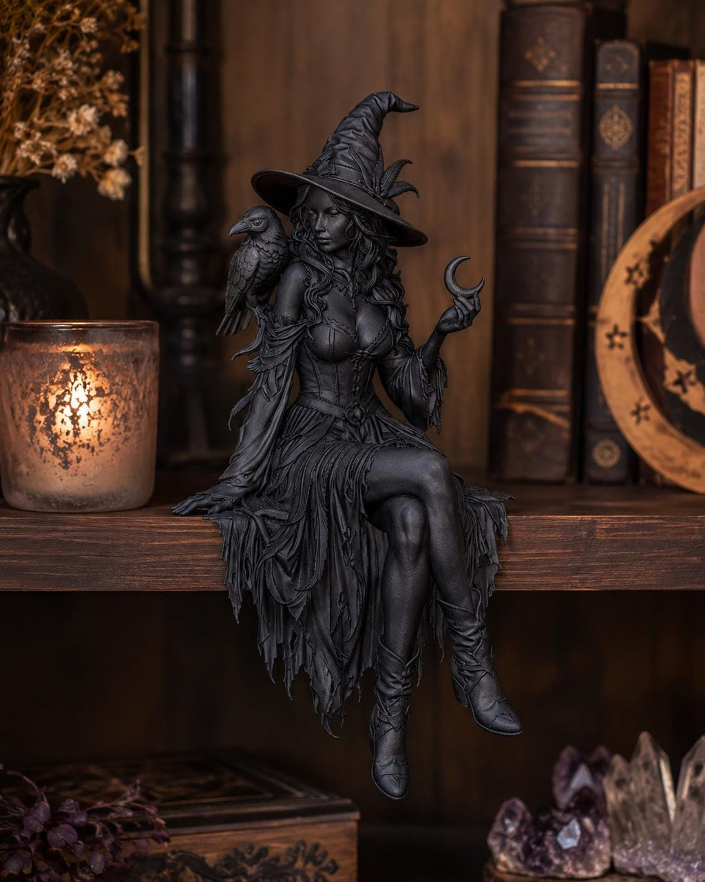 Witch Shelf Sitter Statue with Raven, Crescent Moon Gothic Decor — photo 2
