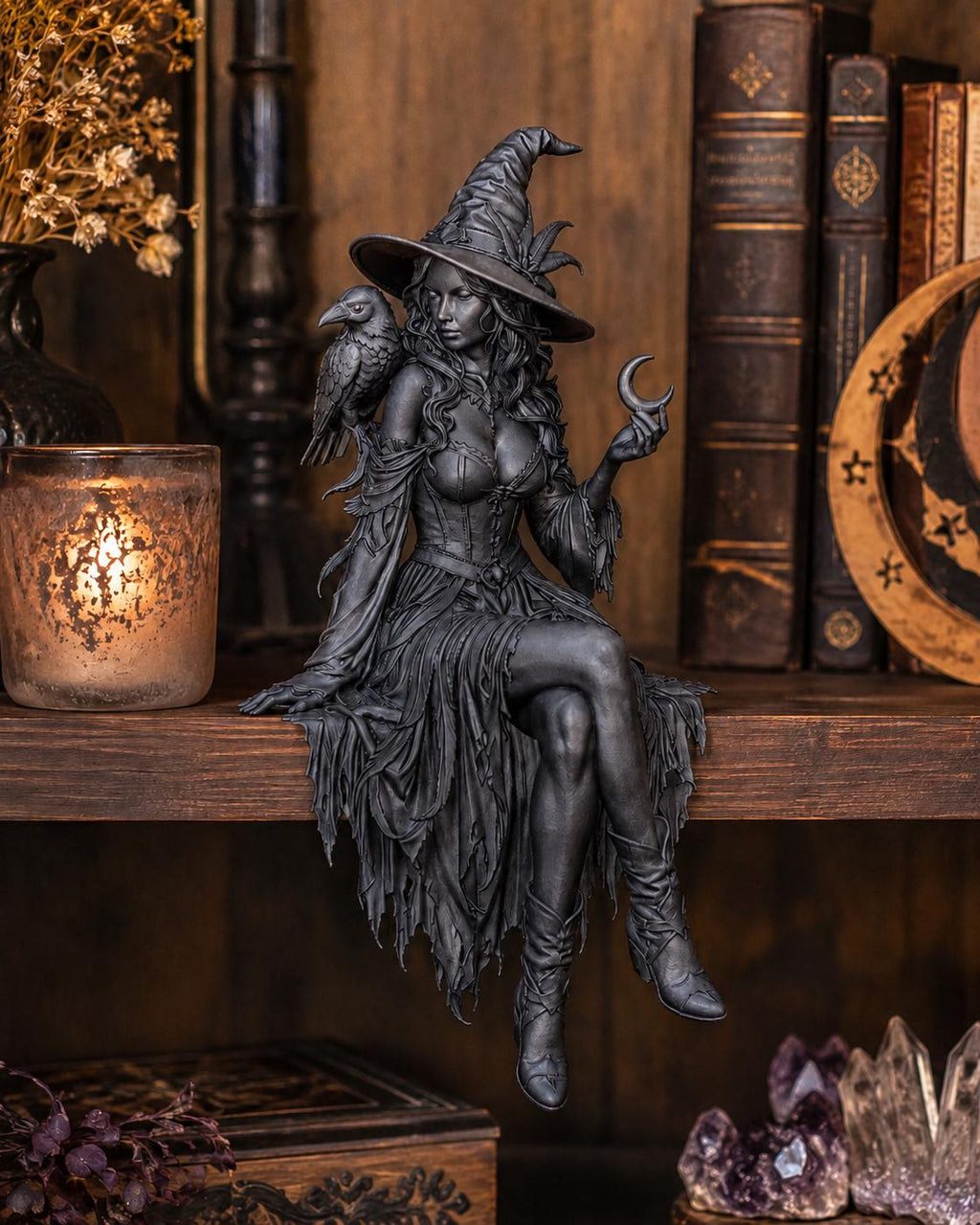Witch Shelf Sitter Statue with Raven, Crescent Moon Gothic Decor
