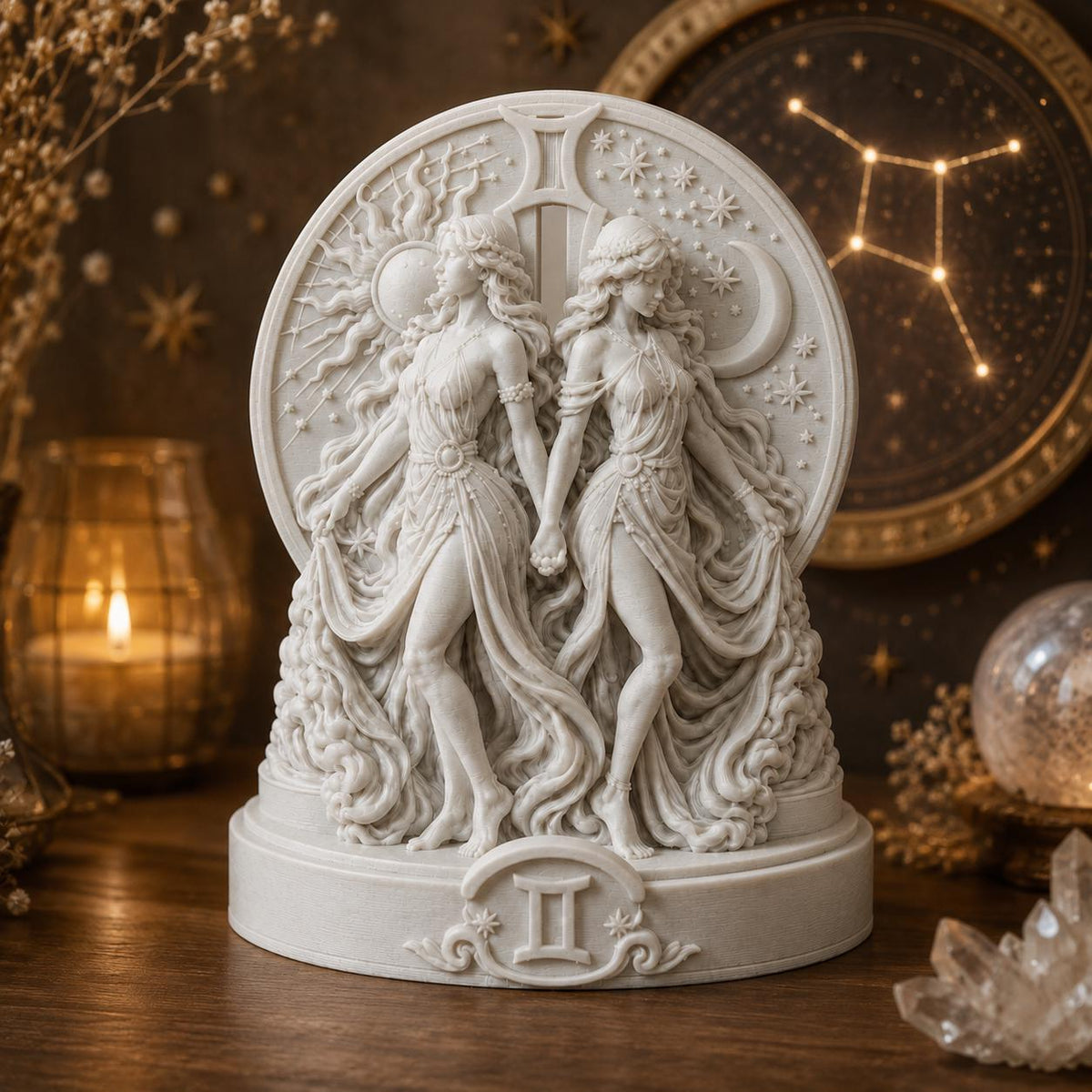 Gemini Zodiac Statue, Twin Goddess Sculpture, Celestial Astrology Decor