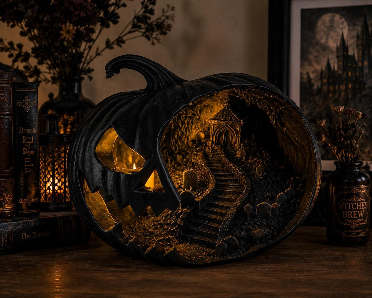 Haunted Pumpkin Lantern, Gothic Cemetery Scene, Spooky Halloween Decor (8 Inch) — photo 3